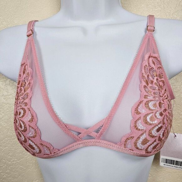 Savage X Fenty Bra Unlined Pink Metallic Gold Lace Mesh Wireless Women's S NWT - Picture 15 of 16